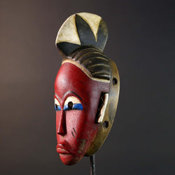Unique Hand‐Carved African Guro Mask with Horned Crown, Authentic Ivorian Tribal Wood Art, Ethnic Wall Hanging Decor, Gallery Display -G5749
