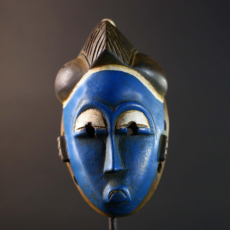 African Guro Mask Handcrafted Blue Face Tribal Wood Sculpture Ethnic Wall Hanging Art Rustic Home Decor Gallery Accent Statement-G5748