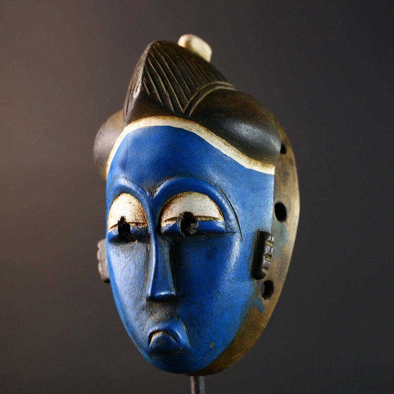 African Guro Mask Handcrafted Blue Face Tribal Wood Sculpture Ethnic Wall Hanging Art Rustic Home Decor Gallery Accent Statement-G5748