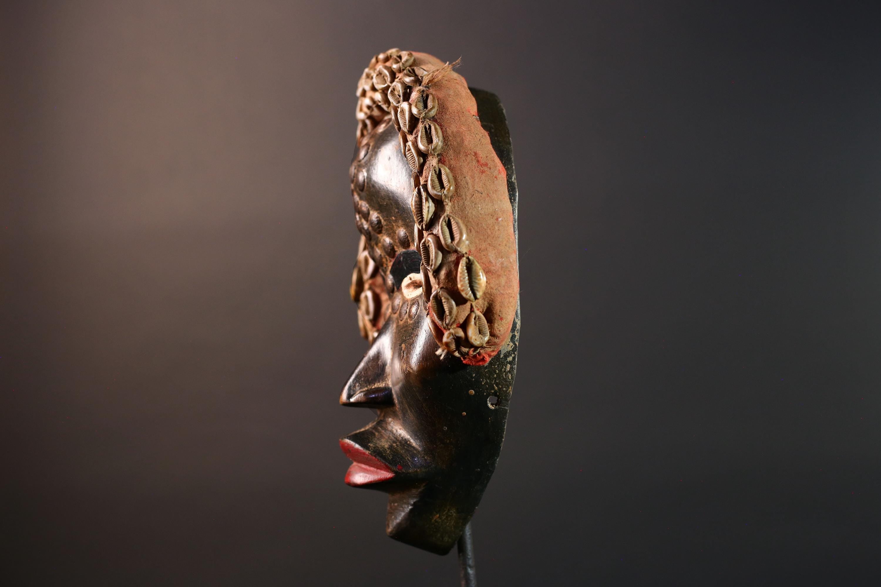 African Dan Mask Carved Wood Tribal Face Cowrie Shell Headdress Liberian Ritual Wall Art Handmade Collectible-G5666