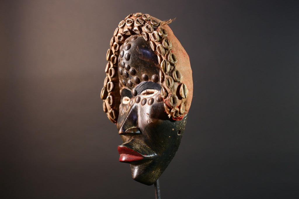 African Dan Mask Carved Wood Tribal Face Cowrie Shell Headdress Liberian Ritual Wall Art Handmade Collectible-G5666