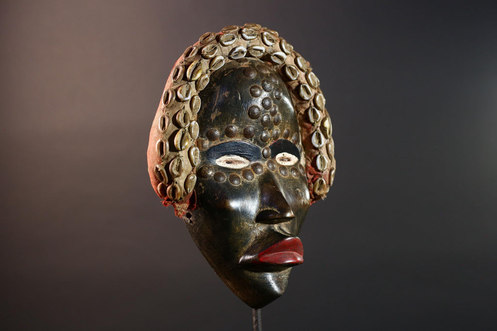 African Dan Mask Carved Wood Tribal Face Cowrie Shell Headdress Liberian Ritual Wall Art Handmade Collectible-G5666