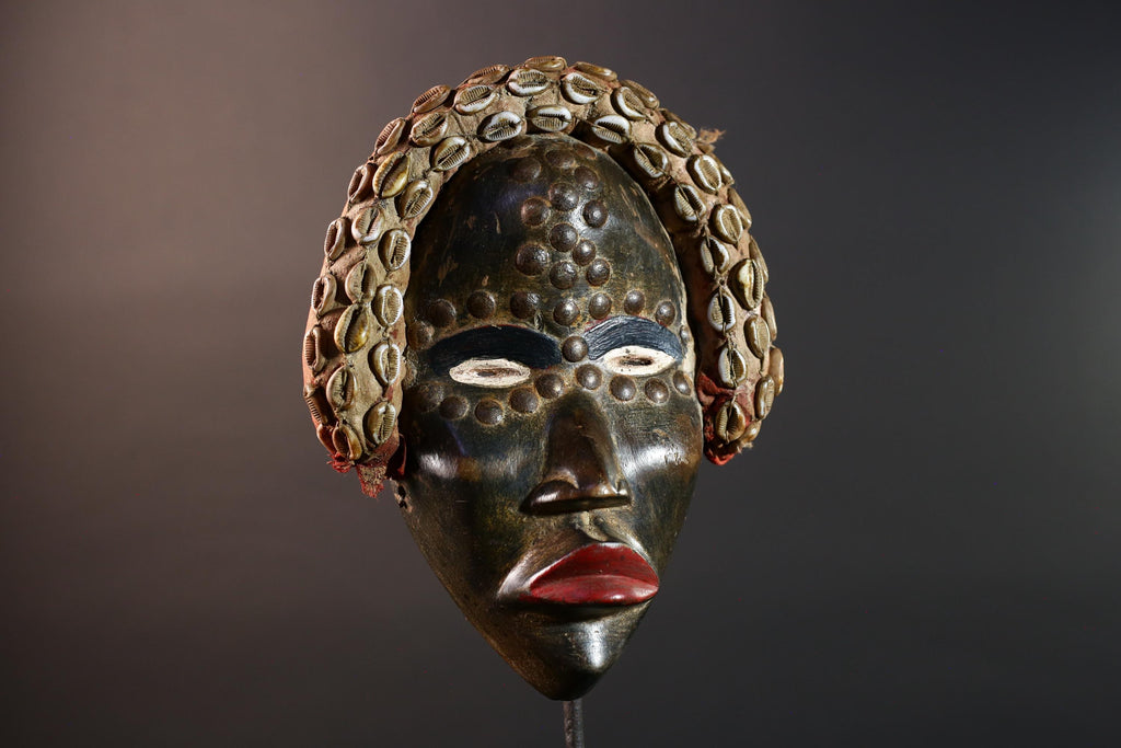 African Dan Mask Carved Wood Tribal Face Cowrie Shell Headdress Liberian Ritual Wall Art Handmade Collectible-G5666