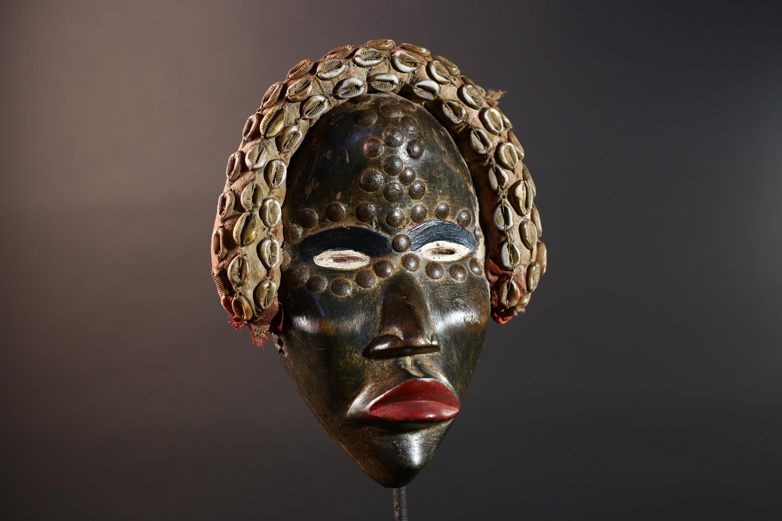 African Dan Mask Carved Wood Tribal Face Cowrie Shell Headdress Liberian Ritual Wall Art Handmade Collectible-G5666