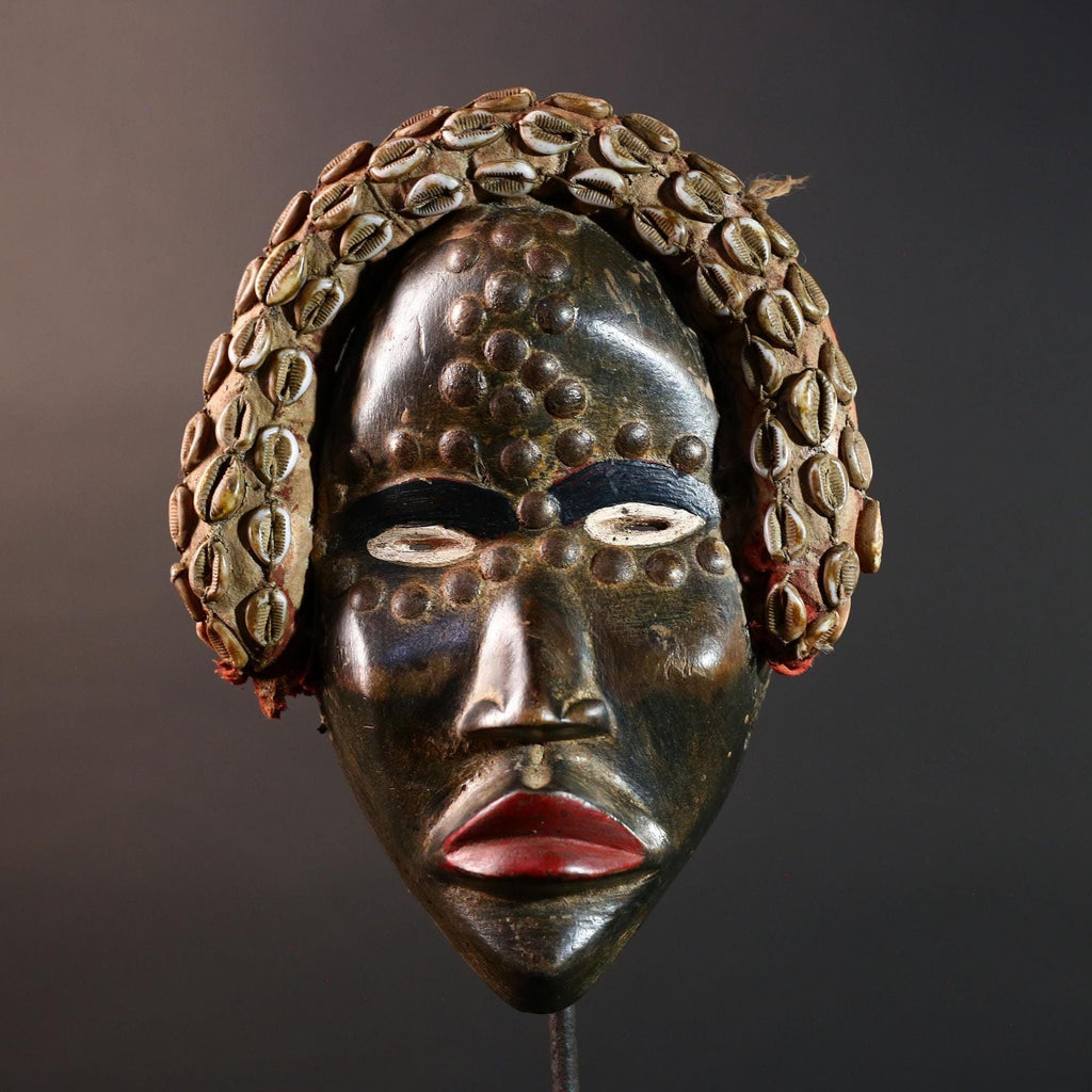 African Dan Mask Carved Wood Tribal Face Cowrie Shell Headdress Liberian Ritual Wall Art Handmade Collectible-G5666