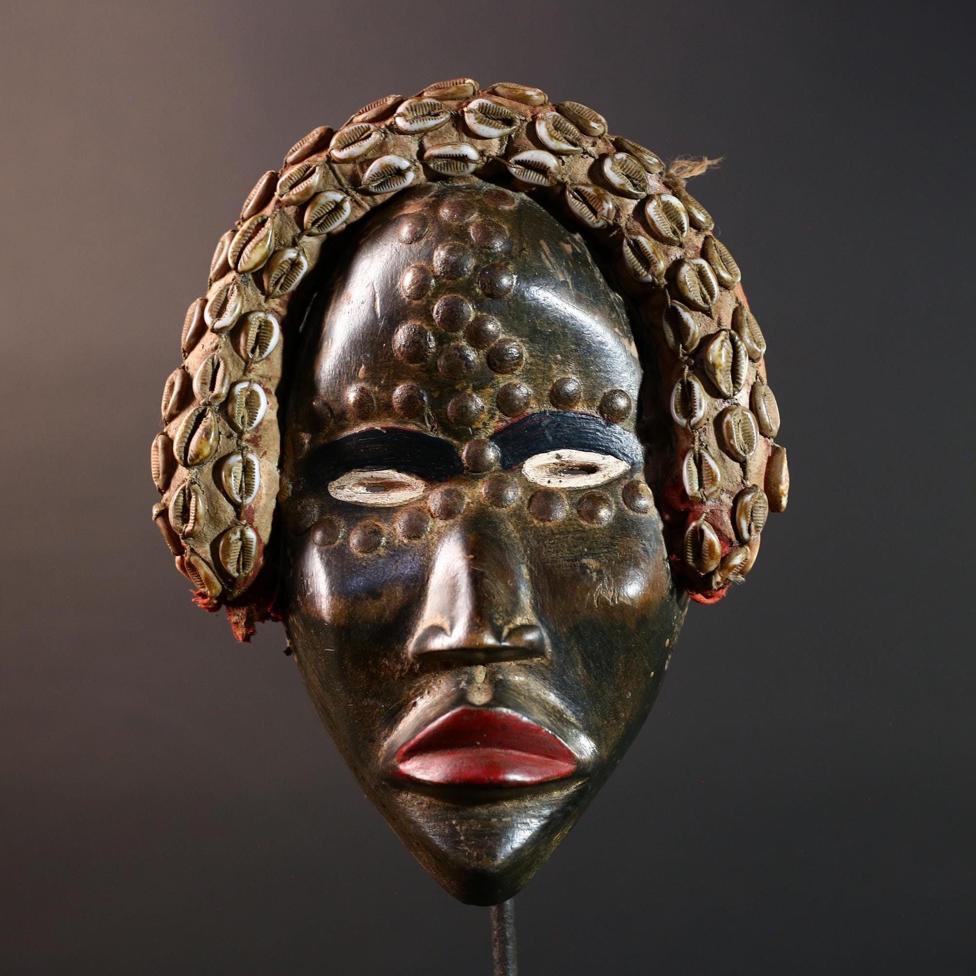 African Dan Mask Carved Wood Tribal Face Cowrie Shell Headdress Liberian Ritual Wall Art Handmade Collectible-G5666