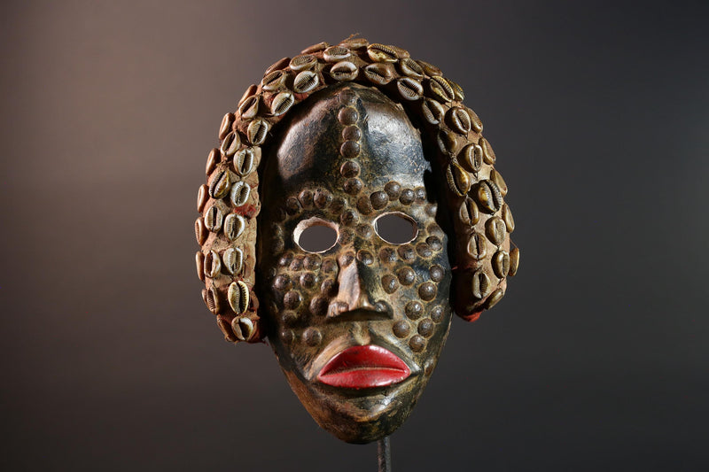 Africa Dan Mask Carved Wood Tribal Face Headdress with Cowrie Shells Liberian Ceremonial Art Ethnic Home Decor Primitive Folk Art Rare-G5667