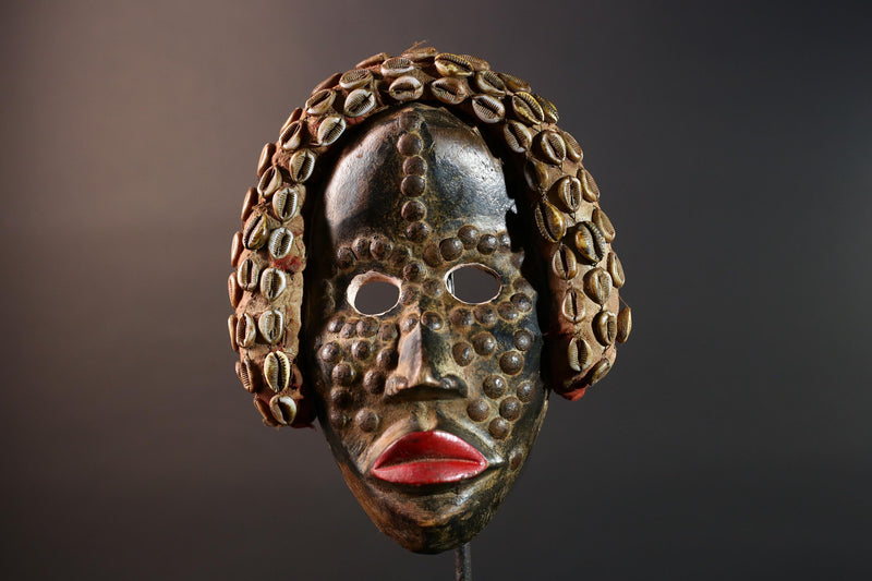 Africa Dan Mask Carved Wood Tribal Face Headdress with Cowrie Shells Liberian Ceremonial Art Ethnic Home Decor Primitive Folk Art Rare-G5667