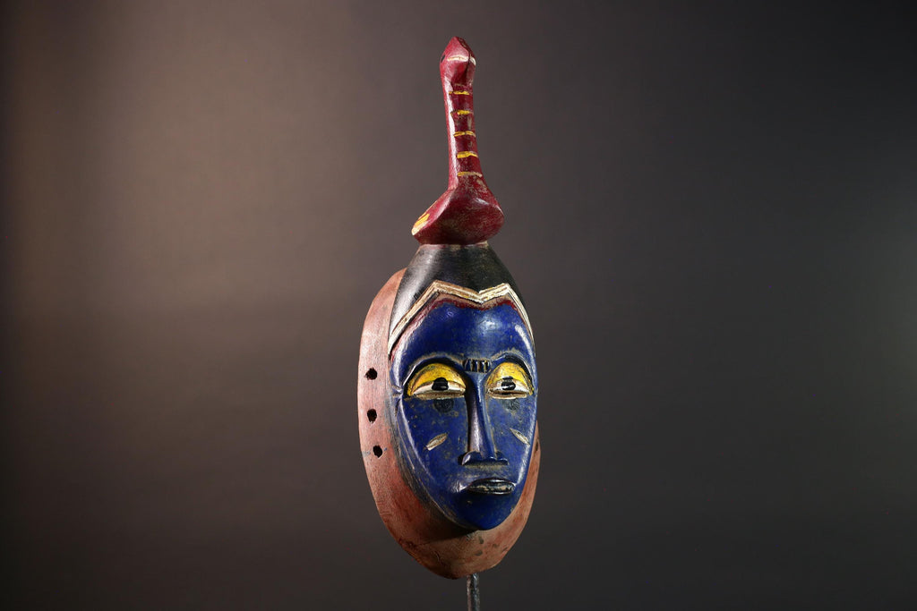 Hand Carved African Mask Baule Tribal Art Blue Face Wall Hanging Mask with Bird Sculpture Wood Decor from Ivory Coast -G5669