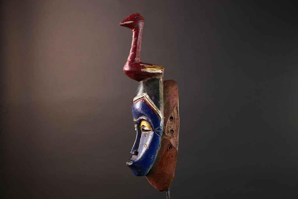 Hand Carved African Mask Baule Tribal Art Blue Face Wall Hanging Mask with Bird Sculpture Wood Decor from Ivory Coast -G5669