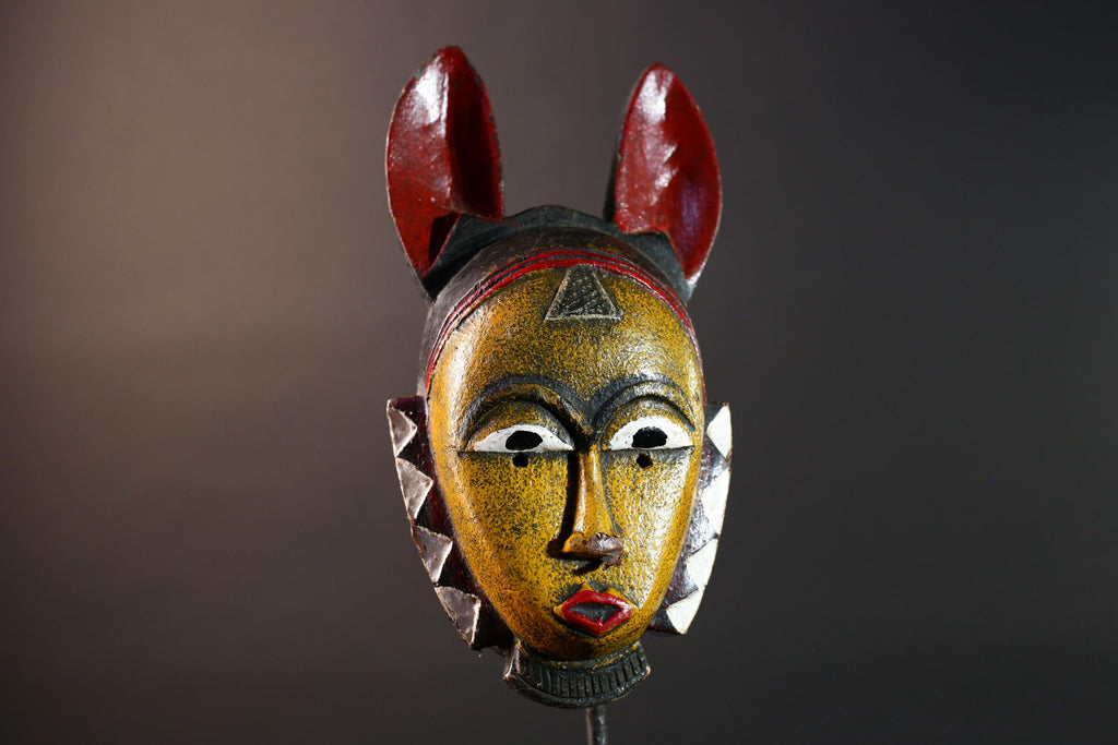 African Guro Tribal Mask Hand Carved Wood YeKeba Face Art Sculpture Decor from Côte d’Ivoire with Geometric Red Black Accents -G5670