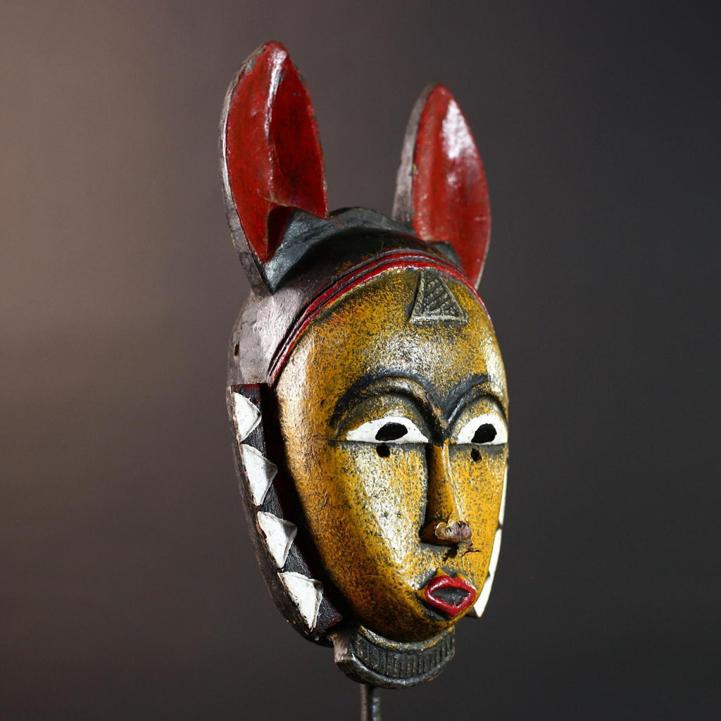 African Guro Tribal Mask Hand Carved Wood YeKeba Face Art Sculpture Decor from Côte d’Ivoire with Geometric Red Black Accents -G5670