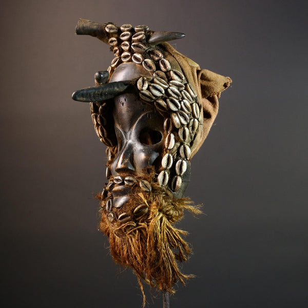 African Dan Antelope Mask Tribal Carved Wood Face Côte d’Ivoire Cowrie Beard Horns Ritual Wall Art Decor Mask African-G5671