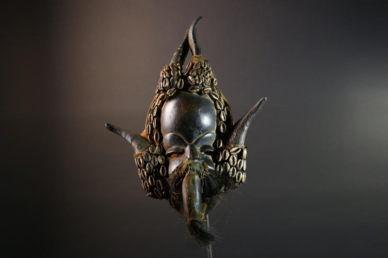 African Dan Mask Antelope Horn Headdress Carved Wood Tribal Face Côte d’Ivoire Wall Art Cowrie Shell Beard Decor-G5672