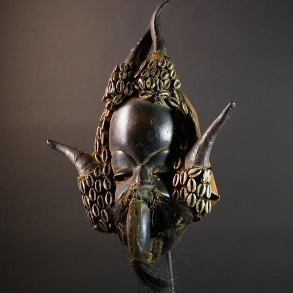 African Dan Mask Antelope Horn Headdress Carved Wood Tribal Face Côte d’Ivoire Wall Art Cowrie Shell Beard Decor-G5672
