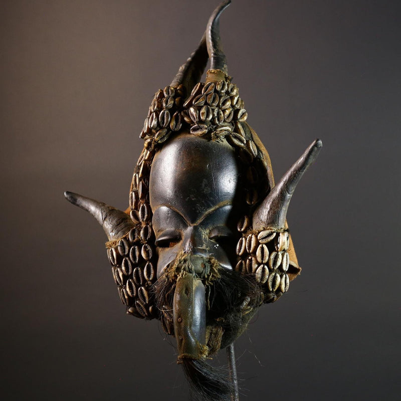 African Dan Mask Antelope Horn Headdress Carved Wood Tribal Face Côte d’Ivoire Wall Art Cowrie Shell Beard Decor-G5672