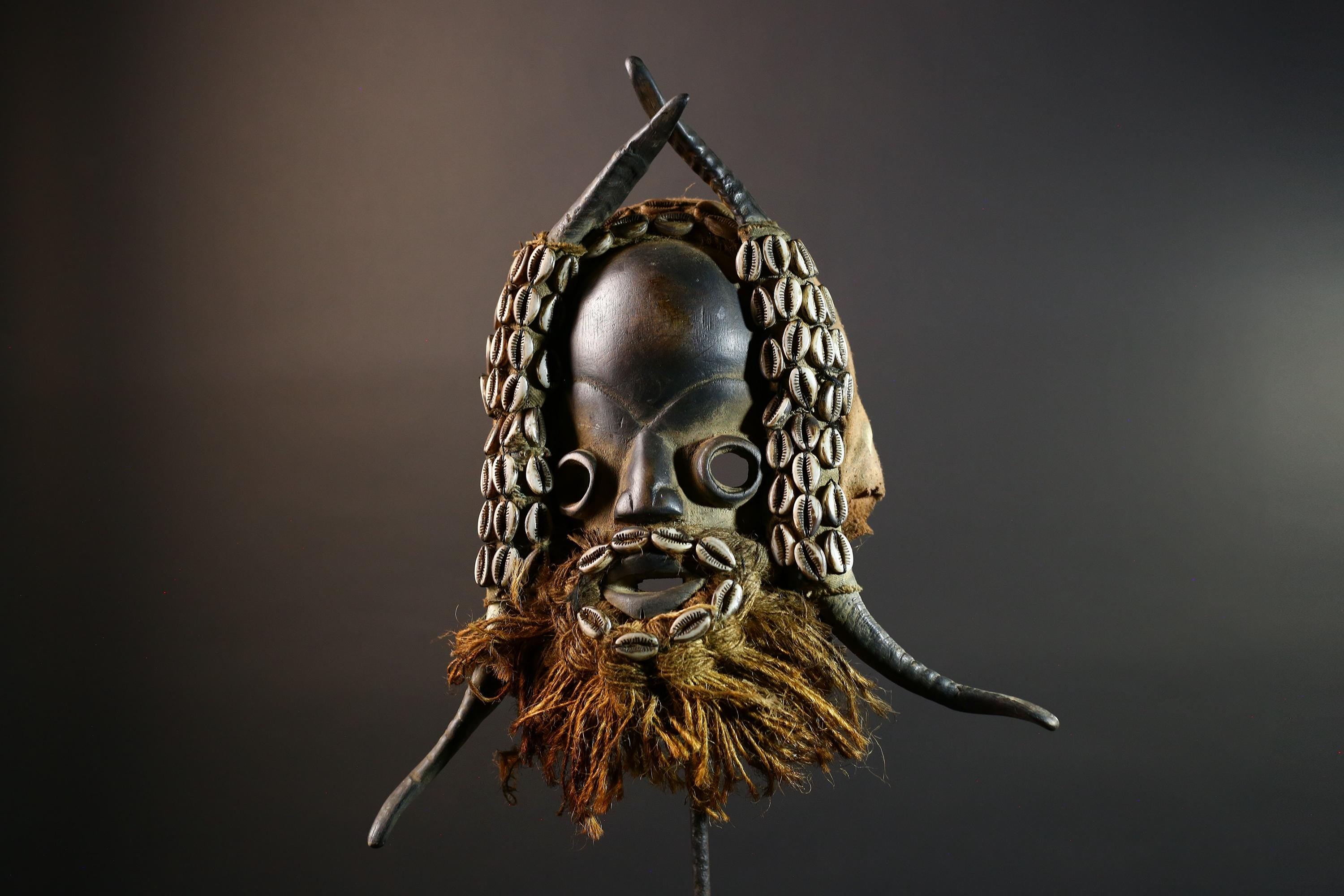 African Dan Mask Cowrie Shells Wood Face Antelope Horns Raffia Beard Tribal Art Decor from Liberia | Authentic Cultural Relic-G5673