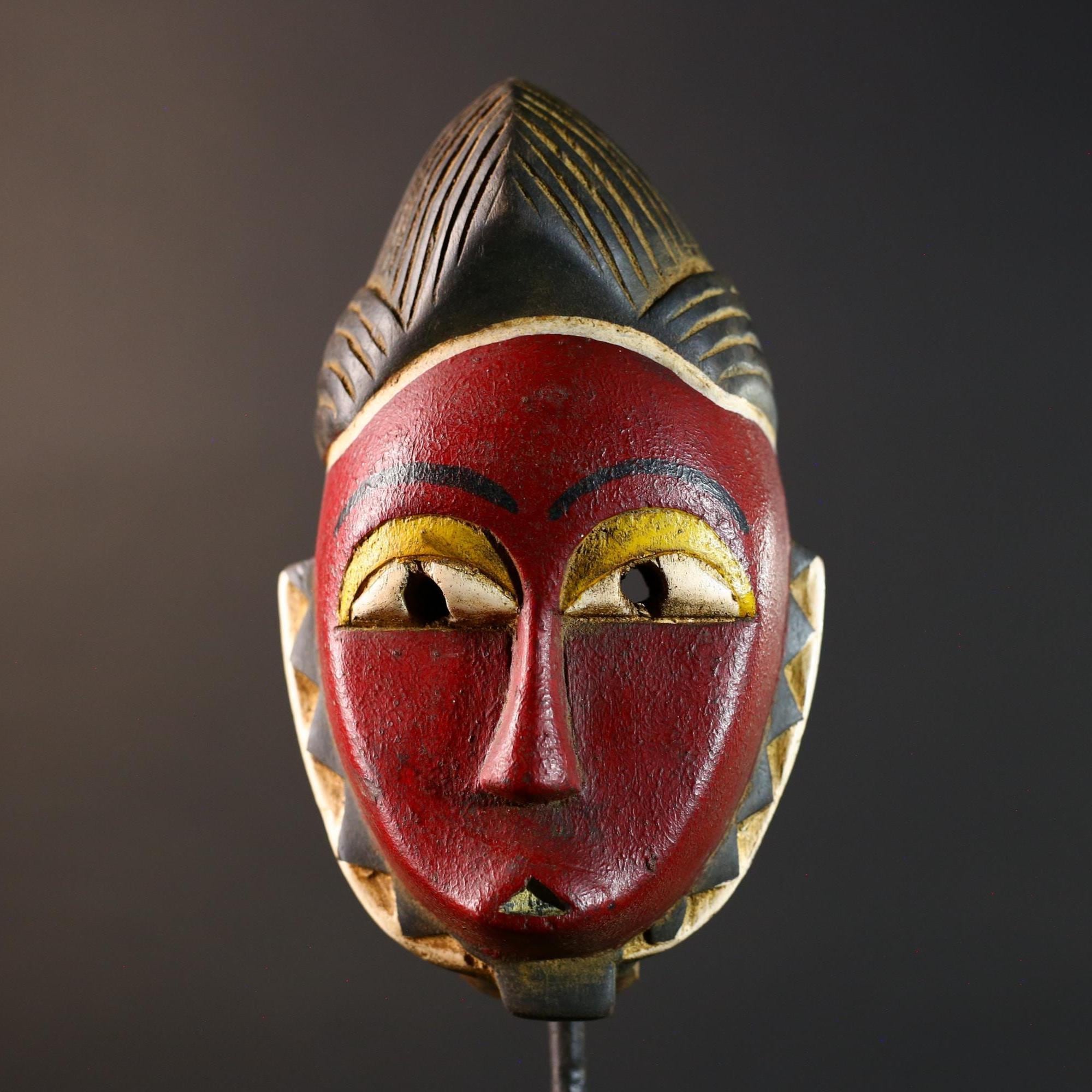 African Red Tribal Mask Carved Wood Vintage Home Decor Wall Art Gift Unique Sculpture Handcrafted ArtisanMade Decorative Accent-G5753