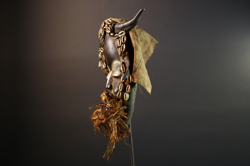 African Dan Mask Horns Cowrie Shells Tribal Wood Face with Raffia Beard and Cloth | Authentic West African Mask Decor from Liberia-G5674