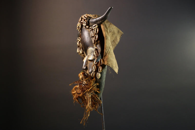 African Dan Mask Horns Cowrie Shells Tribal Wood Face with Raffia Beard and Cloth | Authentic West African Mask Decor from Liberia-G5674