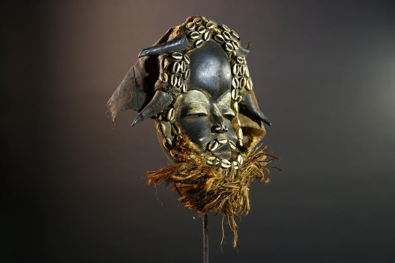 African Dan Mask Horns Cowrie Shells Tribal Wood Face with Raffia Beard and Cloth | Authentic West African Mask Decor from Liberia-G5674