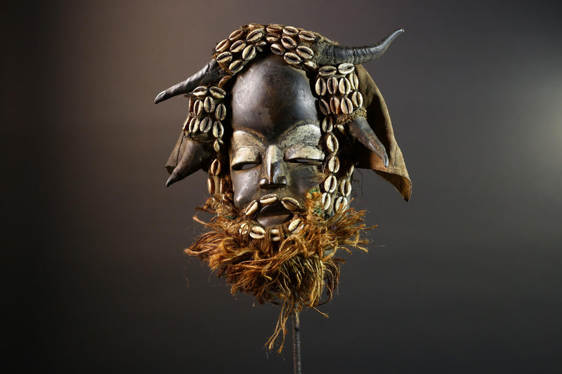 African Dan Mask Horns Cowrie Shells Tribal Wood Face with Raffia Beard and Cloth | Authentic West African Mask Decor from Liberia-G5674