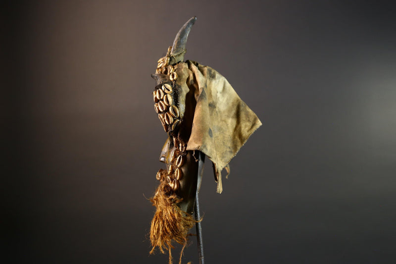 African Dan Mask Cowrie Shells Raffia Beard Antelope Horns Carved Wood Face Cloth Hood Tribal Art Decor from Liberia Genuine Relic-G5675