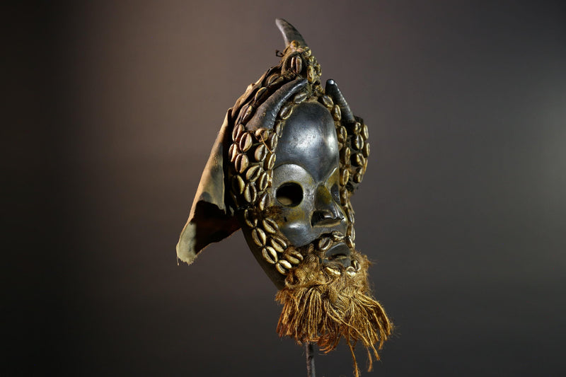 African Dan Mask Cowrie Shells Raffia Beard Antelope Horns Carved Wood Face Cloth Hood Tribal Art Decor from Liberia Genuine Relic-G5675