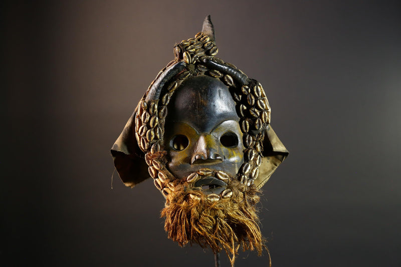African Dan Mask Cowrie Shells Raffia Beard Antelope Horns Carved Wood Face Cloth Hood Tribal Art Decor from Liberia Genuine Relic-G5675