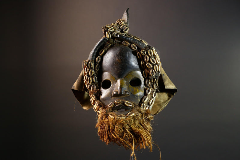 African Dan Mask Cowrie Shells Raffia Beard Antelope Horns Carved Wood Face Cloth Hood Tribal Art Decor from Liberia Genuine Relic-G5675