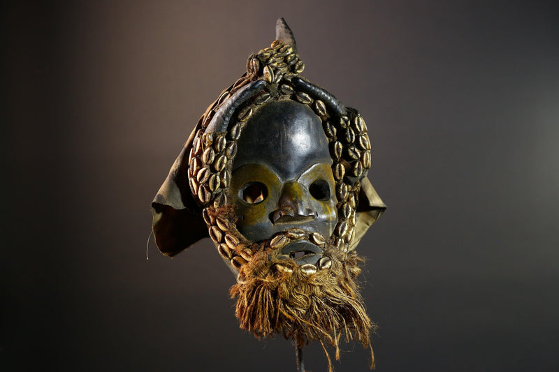 African Dan Mask Cowrie Shells Raffia Beard Antelope Horns Carved Wood Face Cloth Hood Tribal Art Decor from Liberia Genuine Relic-G5675
