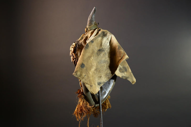 African Dan Mask Cowrie Shells Raffia Beard Antelope Horns Carved Wood Face Cloth Hood Tribal Art Decor from Liberia Genuine Relic-G5675