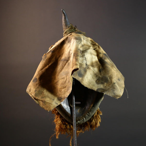 African Dan Mask Cowrie Shells Raffia Beard Antelope Horns Carved Wood Face Cloth Hood Tribal Art Decor from Liberia Genuine Relic-G5675