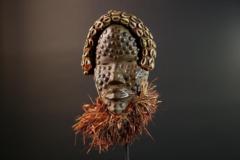 African tribal mask Dan cowrie dotted face raffia beard wall art decorative wood carving home decor cultural accent sculpture vintage-G5676