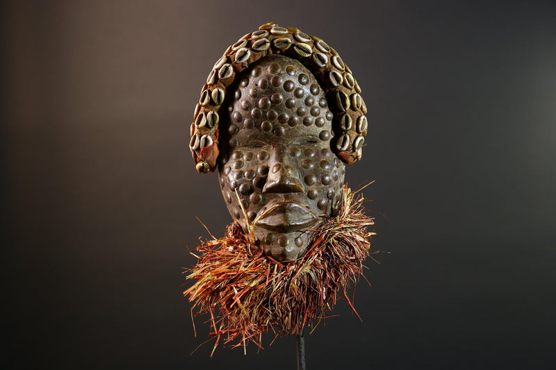 African tribal mask Dan cowrie dotted face raffia beard wall art decorative wood carving home decor cultural accent sculpture vintage-G5676