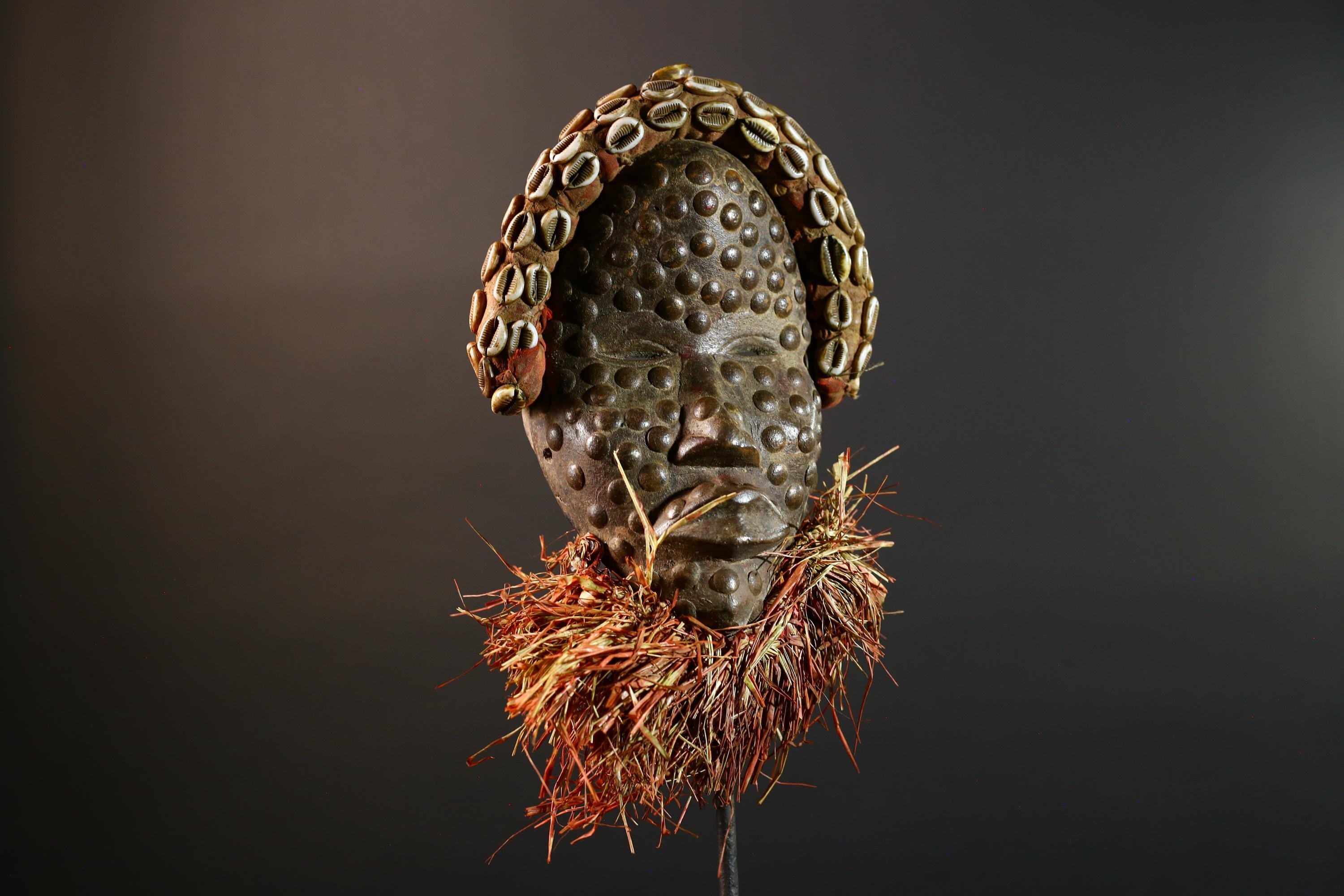 African tribal mask Dan cowrie dotted face raffia beard wall art decorative wood carving home decor cultural accent sculpture vintage-G5676