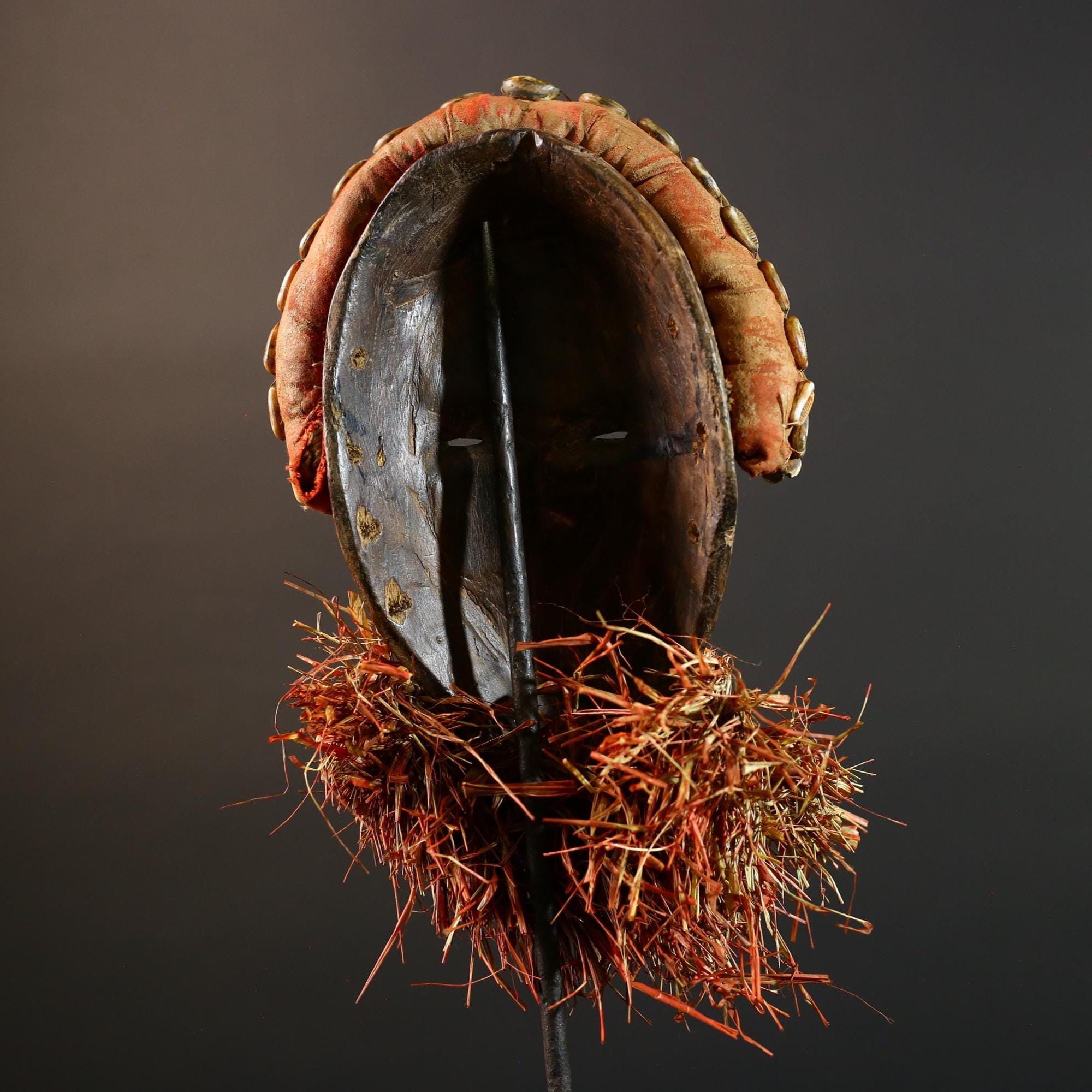 African tribal mask Dan cowrie dotted face raffia beard wall art decorative wood carving home decor cultural accent sculpture vintage-G5676