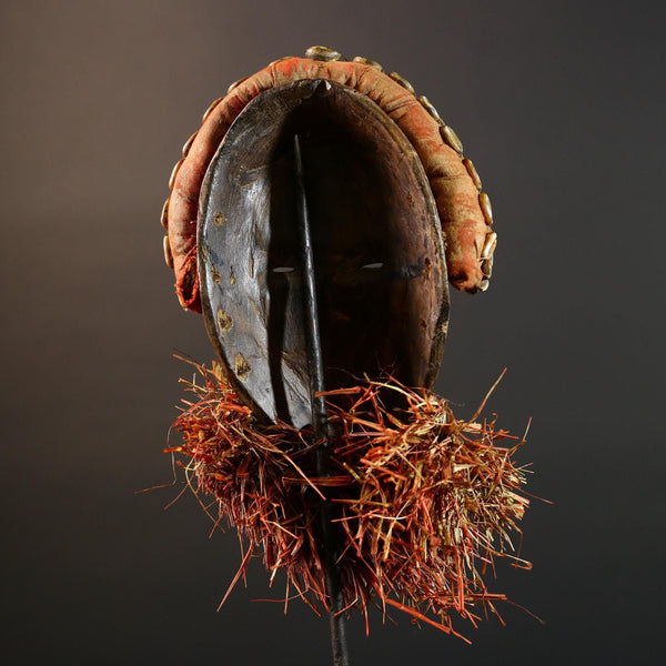 African tribal mask Dan cowrie dotted face raffia beard wall art decorative wood carving home decor cultural accent sculpture vintage-G5676