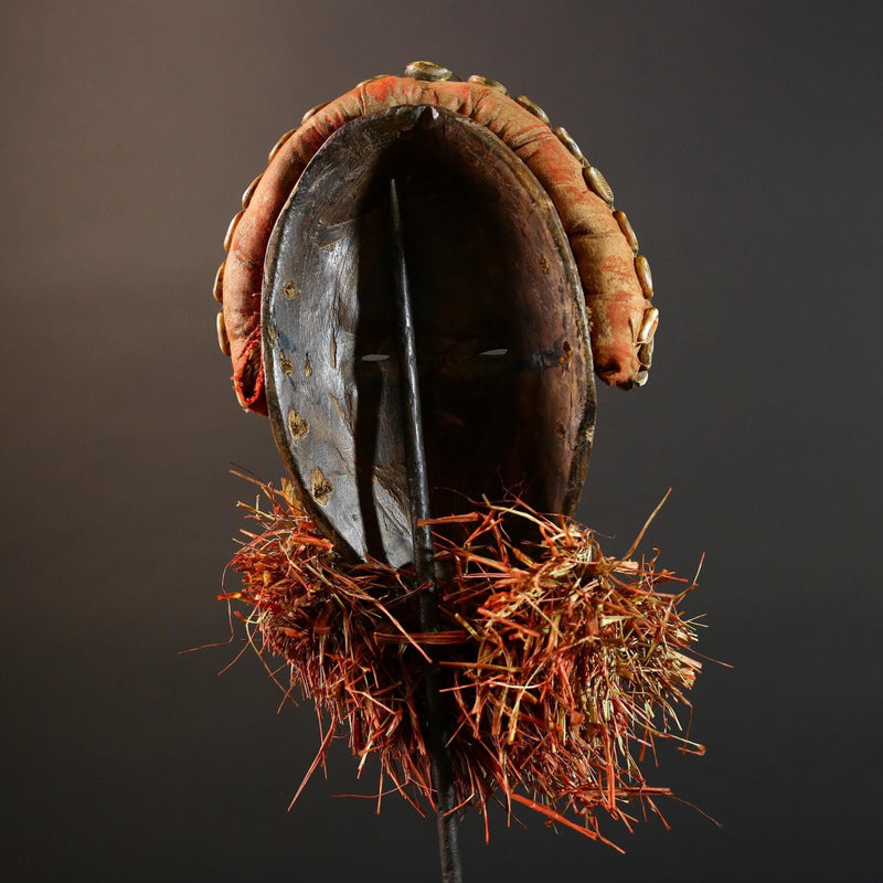 African tribal mask Dan cowrie dotted face raffia beard wall art decorative wood carving home decor cultural accent sculpture vintage-G5676