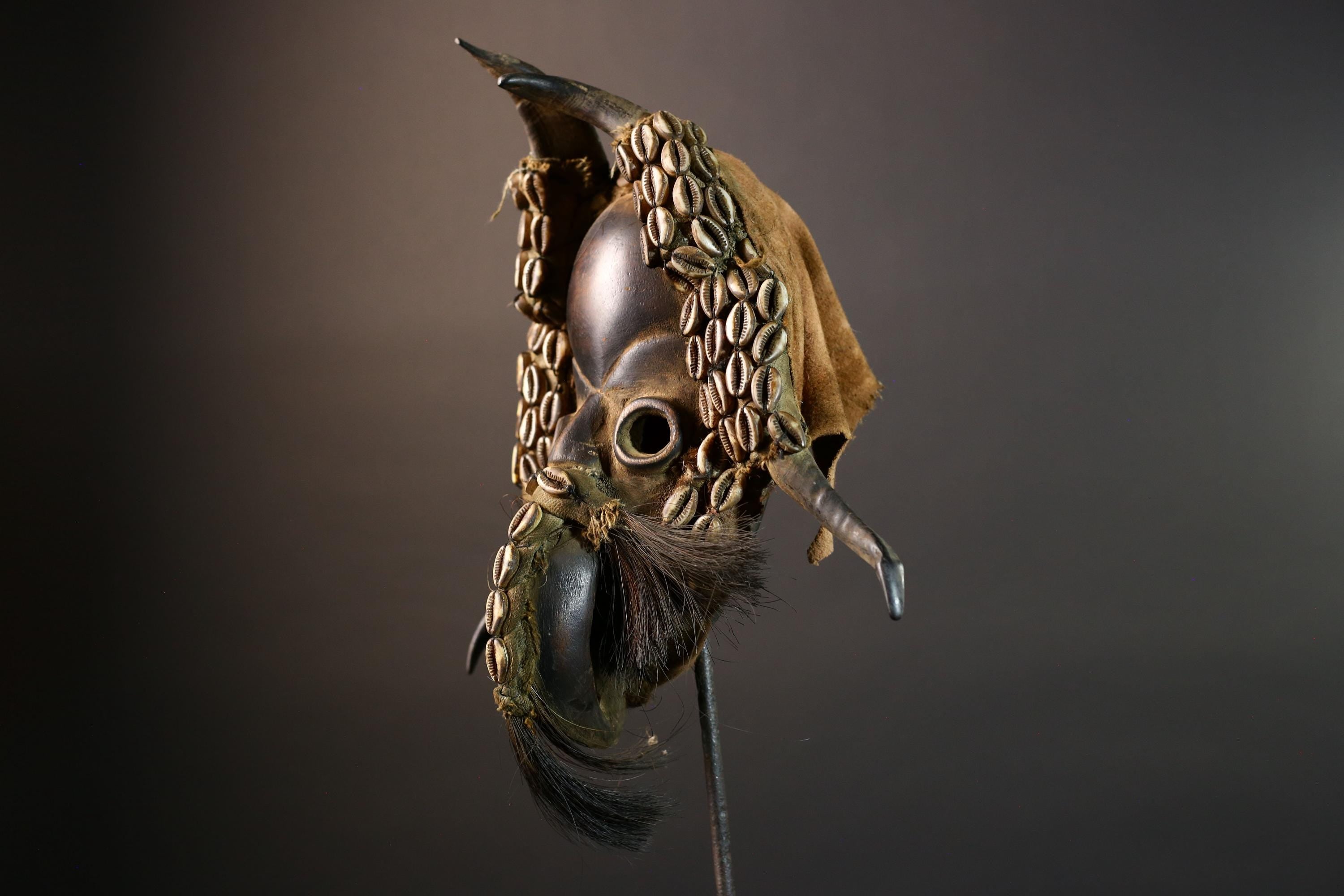 African Mask Cowrie Shell Warrior Tribal Wall Art Boho Decor, Hand-Carved Hardwood Mask with Animal Hair Beard Ethnic Home Accent Mask-G5687