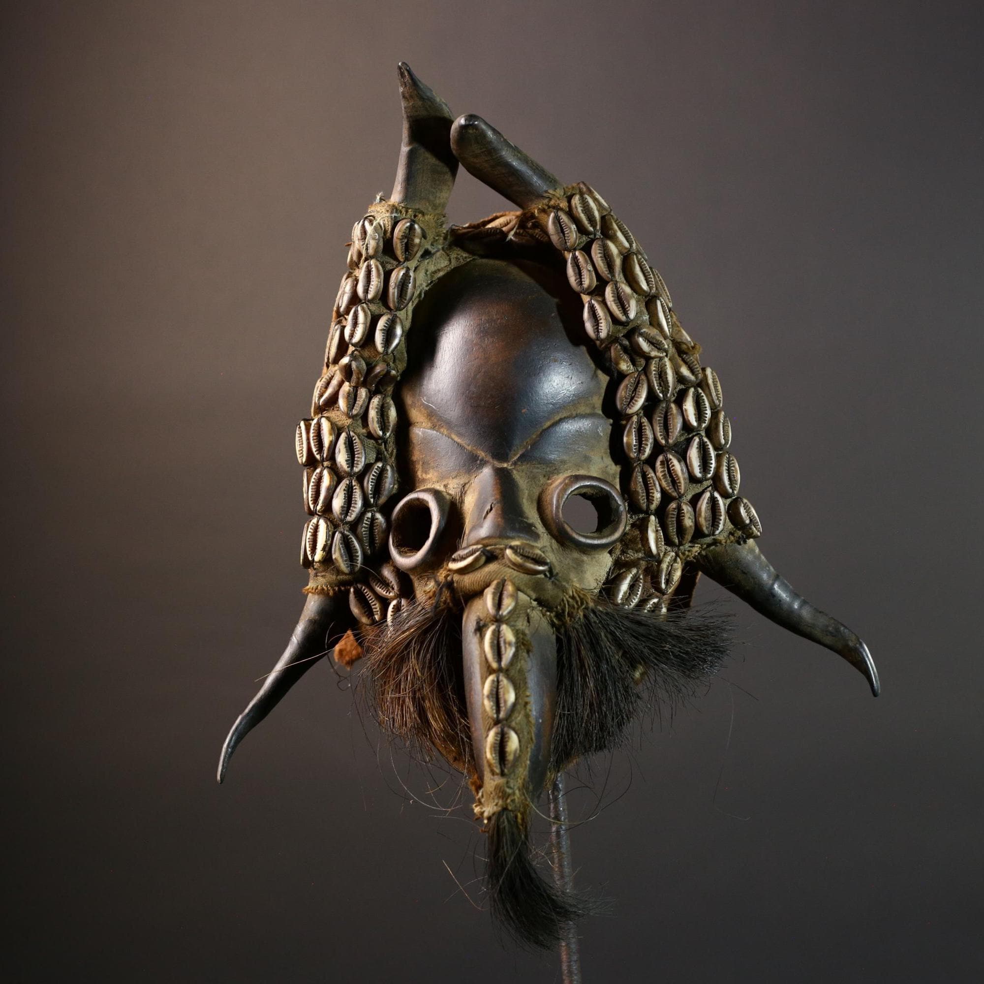 African Mask Cowrie Shell Warrior Tribal Wall Art Boho Decor, Hand-Carved Hardwood Mask with Animal Hair Beard Ethnic Home Accent Mask-G5687