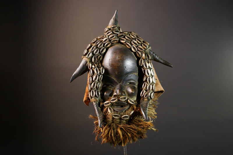 African Dan Wooden Mask with Cowrie Shells Horn Raffia Beard Cloth Backing Tribal Art Decor Home Wall Sculpture Vintage Rare Gift!-G5688