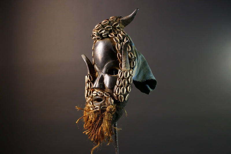 African Dan Wooden Mask Cowrie Shells Antelope Horn Raffia Beard Cloth Backing Tribal Art Home Decor Wall Sculpture Gift Vintage-G5689
