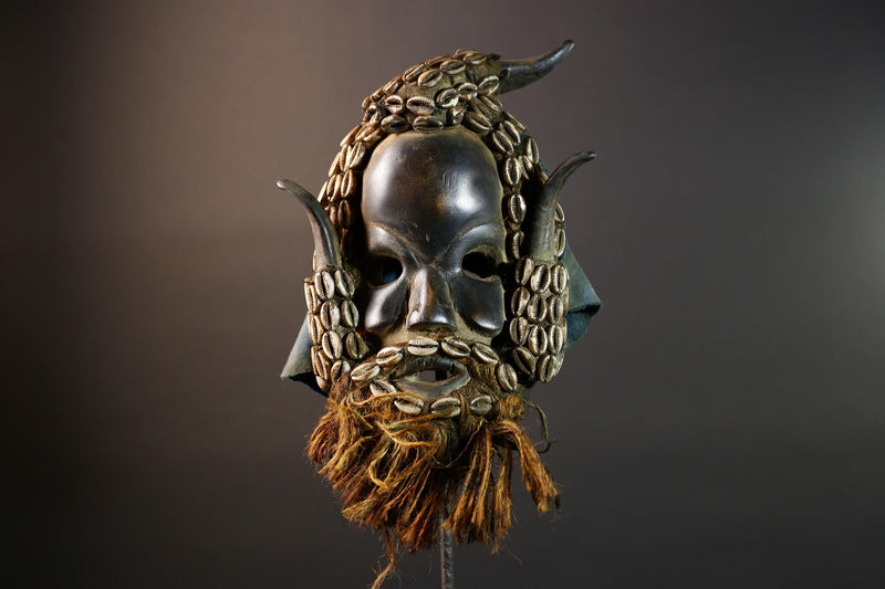 African Dan Wooden Mask Cowrie Shells Antelope Horn Raffia Beard Cloth Backing Tribal Art Home Decor Wall Sculpture Gift Vintage-G5689