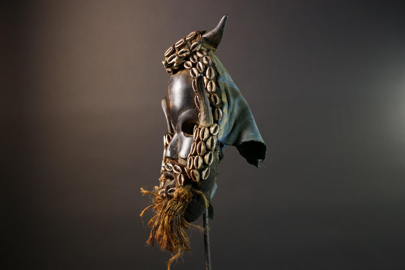 African Dan Wooden Mask Cowrie Shells Antelope Horn Raffia Beard Cloth Backing Tribal Art Home Decor Wall Sculpture Gift Vintage-G5689