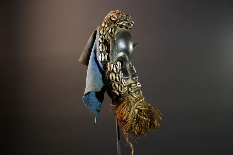 African Dan Wooden Mask Cowrie Shells Antelope Horn Raffia Beard Cloth Backing Tribal Art Home Decor Wall Sculpture Gift Vintage-G5689