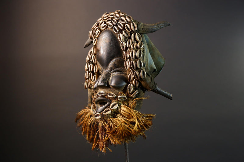 African Dan Wooden Mask Cowrie Shells Antelope Horn Raffia Beard Cloth Backing Tribal Art Home Decor Vintage Rare Gift Handmade-G5690