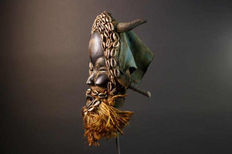African Dan Wooden Mask Cowrie Shells Antelope Horn Raffia Beard Cloth Backing Tribal Art Home Decor Vintage Rare Gift Handmade-G5690