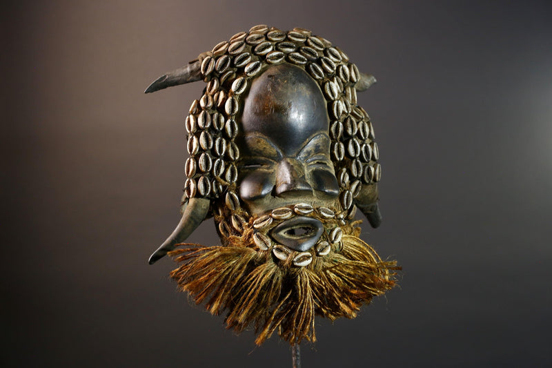 African Dan Wooden Mask Cowrie Shells Antelope Horn Raffia Beard Cloth Backing Tribal Art Home Decor Vintage Rare Gift Handmade-G5690