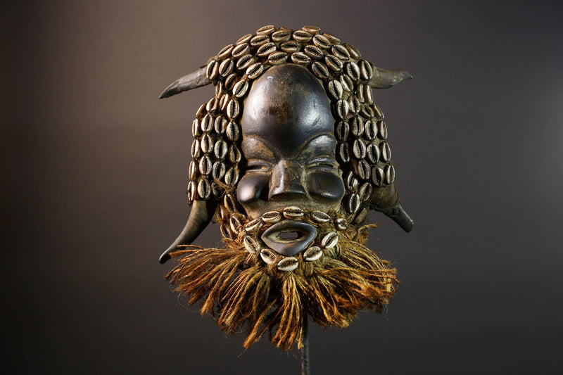 African Dan Wooden Mask Cowrie Shells Antelope Horn Raffia Beard Cloth Backing Tribal Art Home Decor Vintage Rare Gift Handmade-G5690